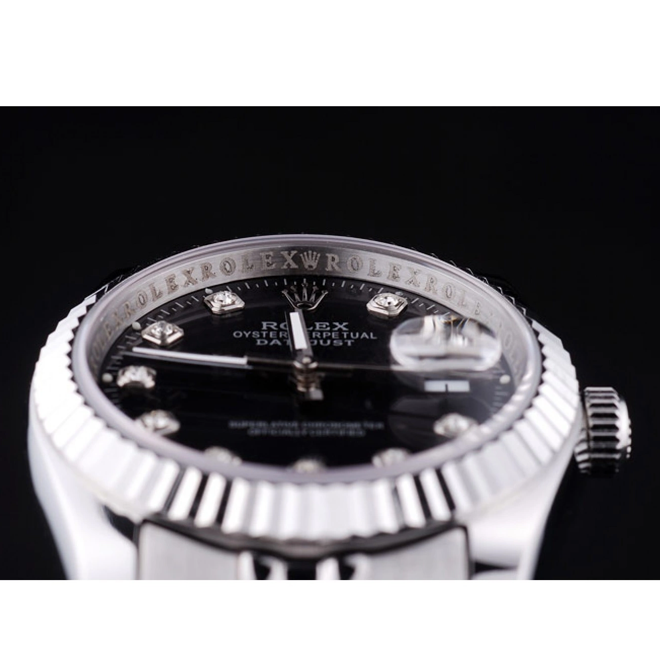 Aaa replica watch Bezel Rolex Dial Datejust Diamonds Black Ribbed 7458 0816